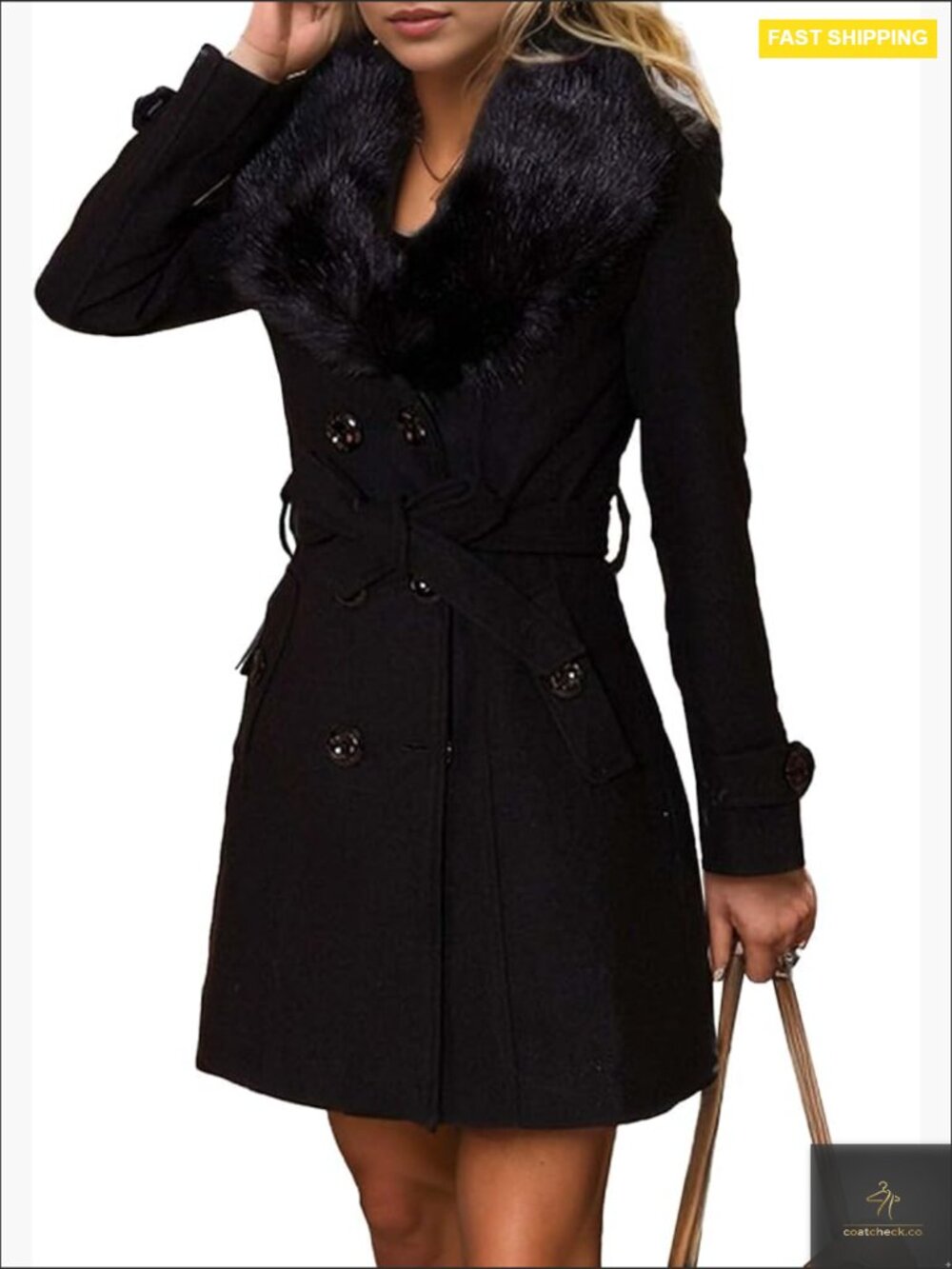 Faux Fur Trench Coat Wool Blend Double Breasted Belted Elegant Winter Overcoat